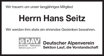 Traueranzeige von Hans Seitz von Pegnitz-Zeitung